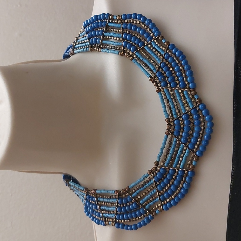 Boho Tribal Tri Tone Blue Gold Tone Seed Bead Statement Necklace - Picture 4 of 5